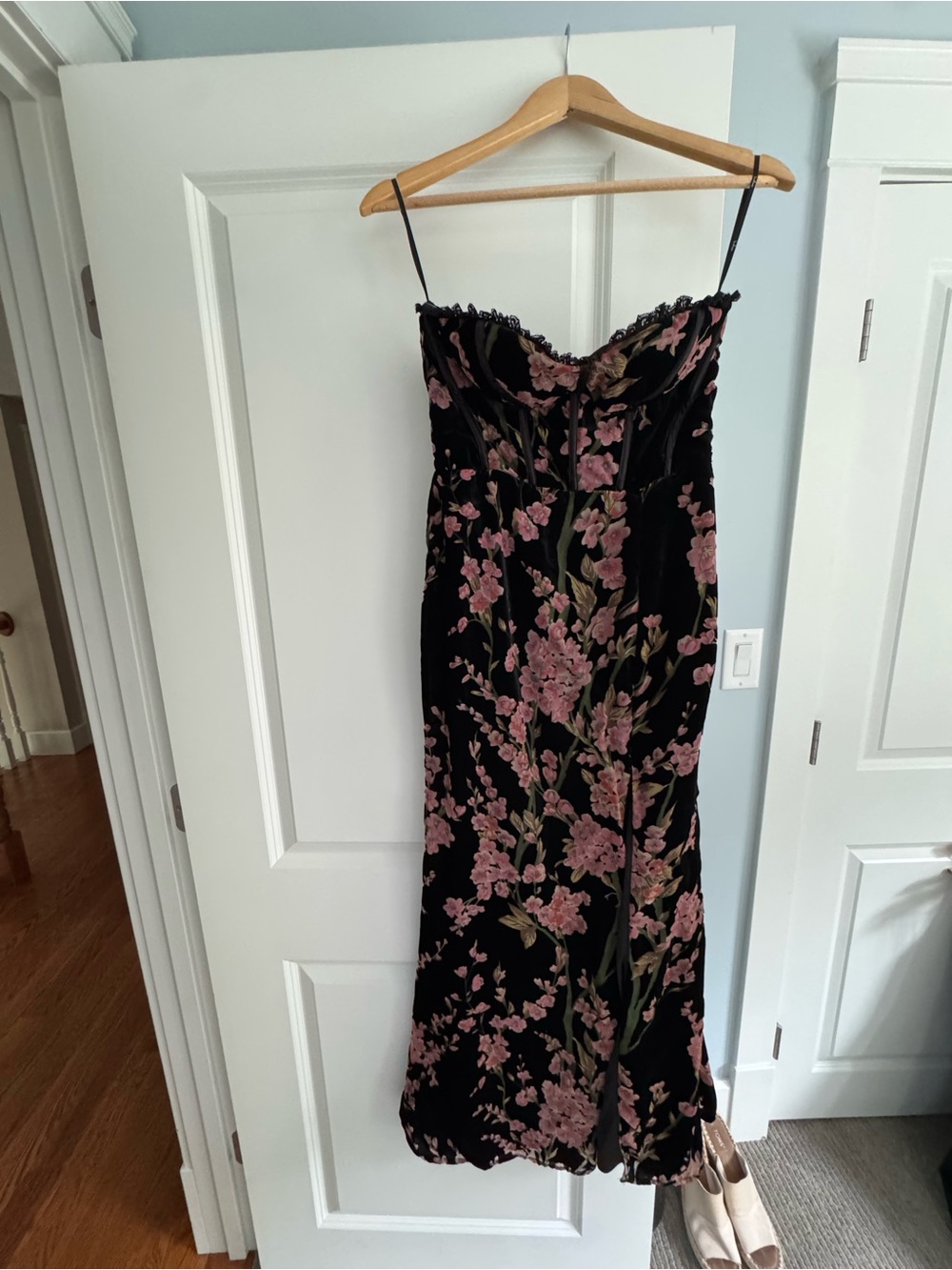 Lulu's Black Strapless Floral Maxi Dress with Pink Blossoms